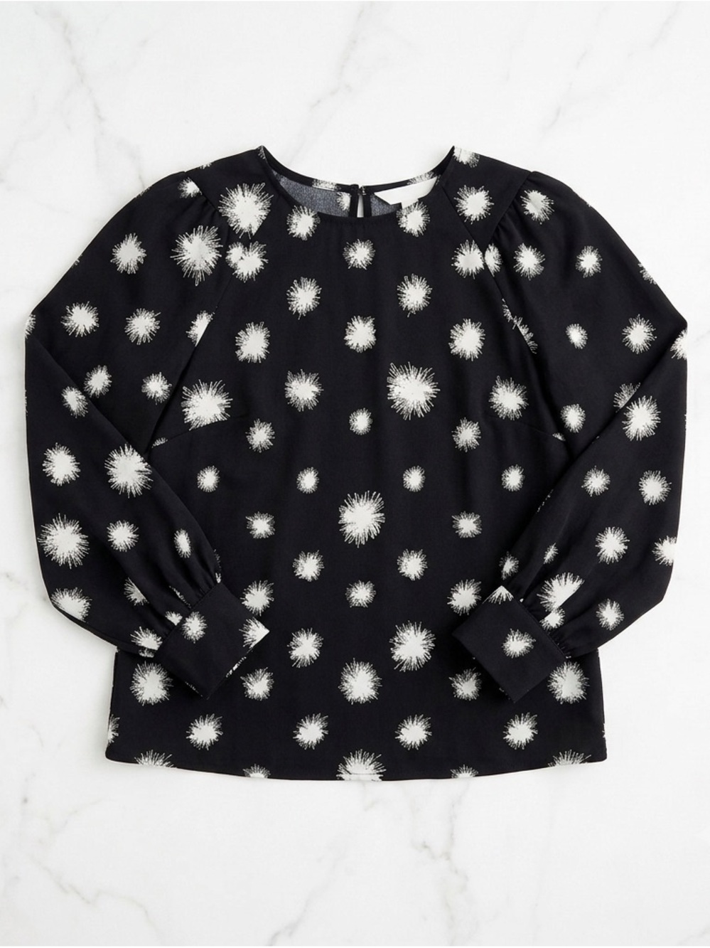 Who What Wear Black White Dandelion Dot Blouse Long Sleeve Back Zipper Small S